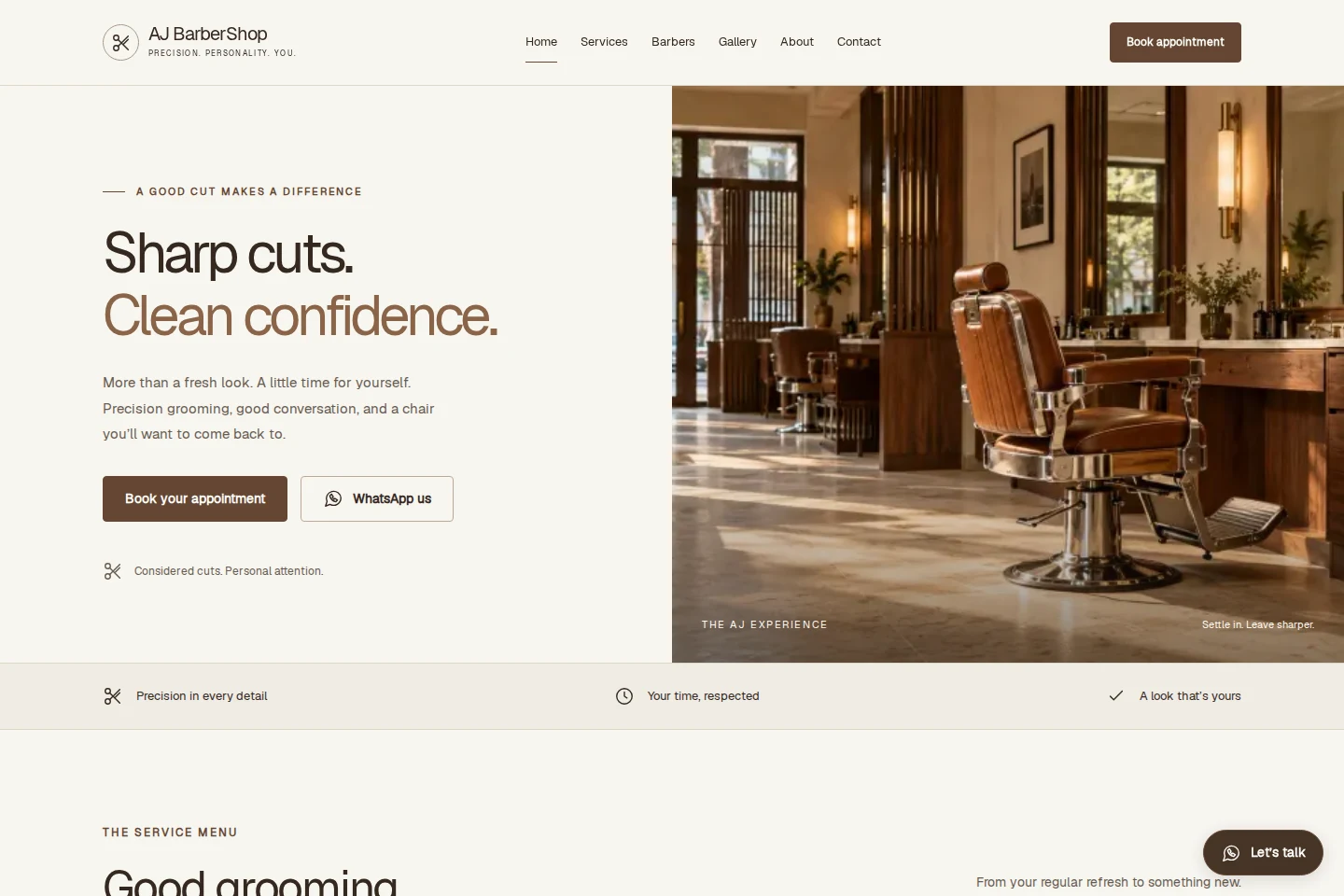AJ BarberShop: actual desktop homepage