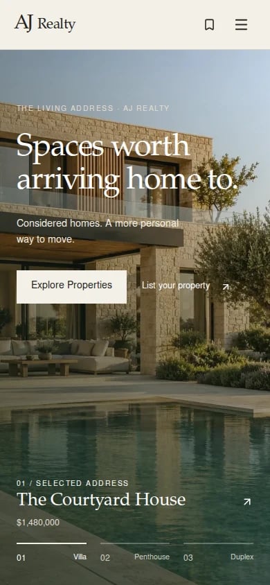 AJ Realty: actual mobile homepage