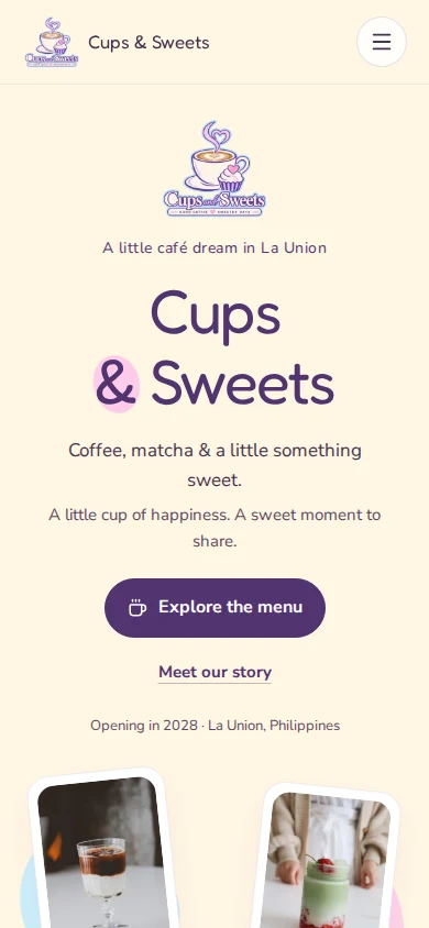 Cups and Sweets: actual mobile homepage