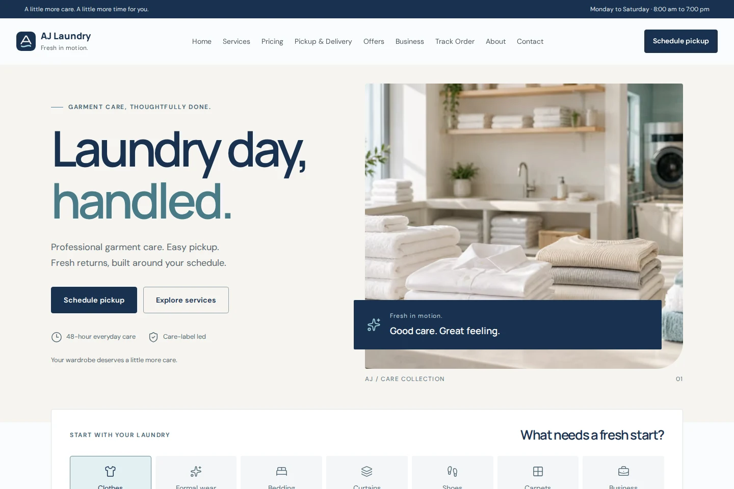 AJ Laundry: actual desktop homepage